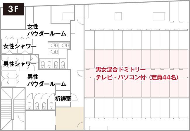 男女混合ドミトリー テレビ・パソコン付 フロアー図
