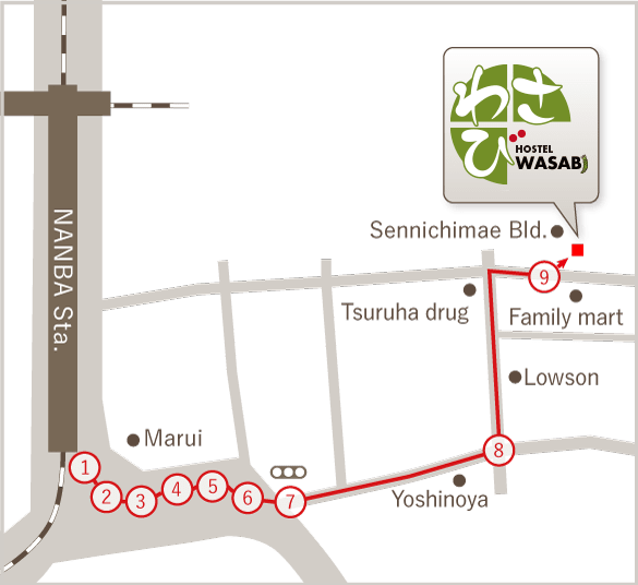 Access to Wasabi Osaka from Nankai Namba sta.(7min walk)